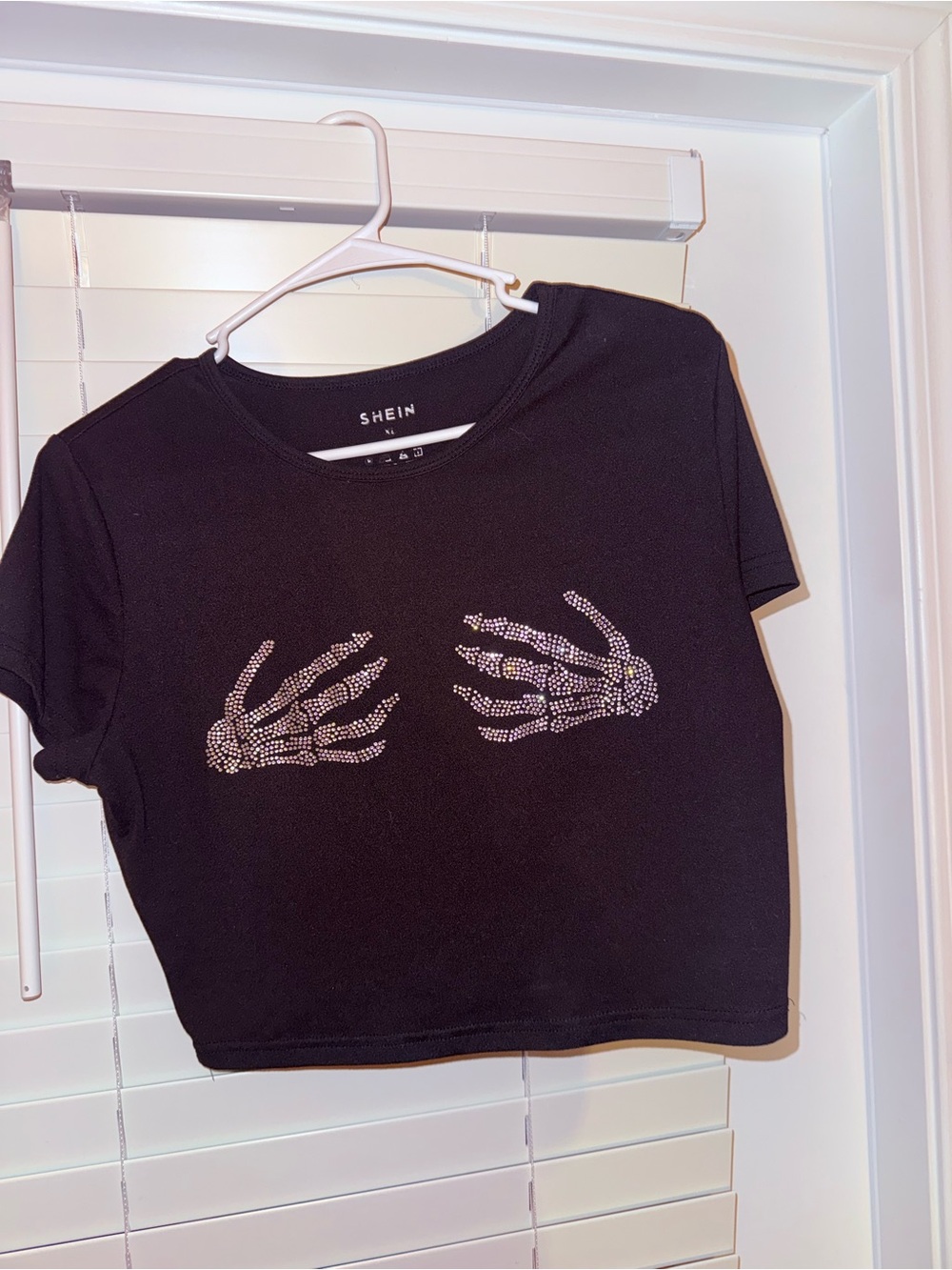 SHEIN Black Rhinestone Skeleton Hand Crop Tee